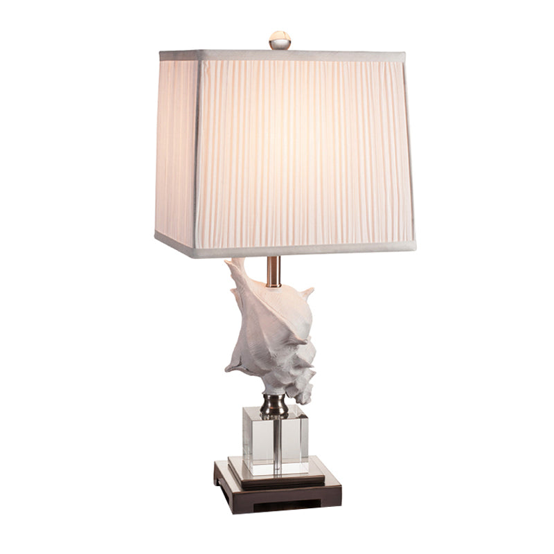 Silver/White Conch Shell Night Light Countryside Resin 1 Head Dining Table Lamp with Square Pleated Fabric Shade