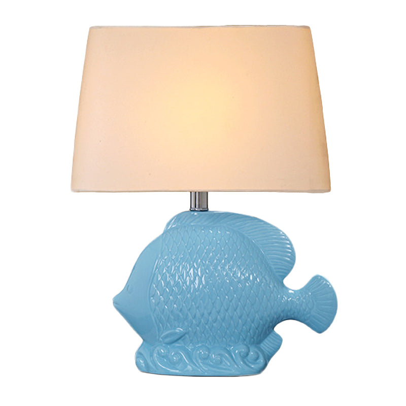 Ceramic Blue Table Lighting Tropical Fish Single-Bulb Rural Night Stand Light with Rectangle Fabric Lampshade