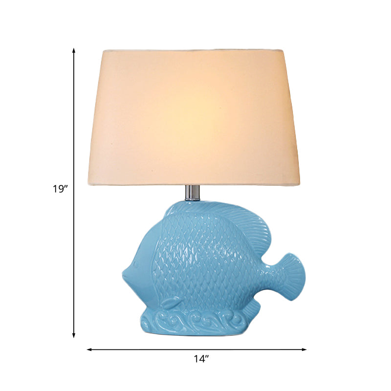 Ceramic Blue Table Lighting Tropical Fish Single-Bulb Rural Night Stand Light with Rectangle Fabric Lampshade