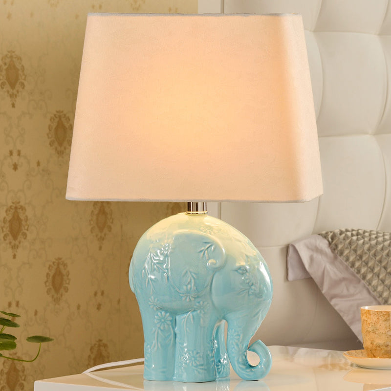 Ceramic Elephant Table Stand Lamp Farmhouse 1 Bulb Living Room Night Light in Blue with Trapezoid Fabric Shade