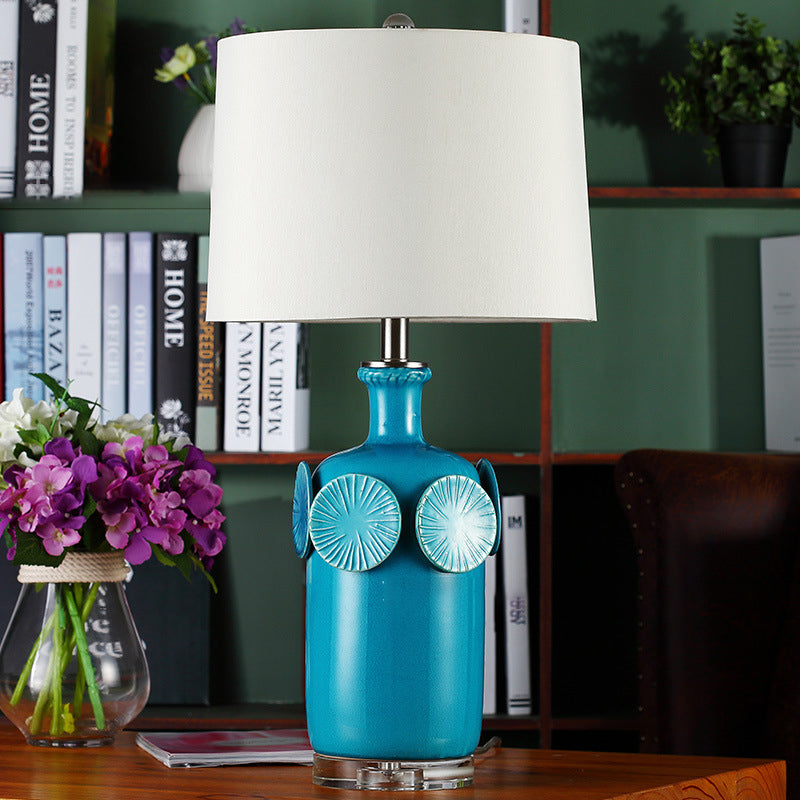 Country Style Jug Nightstand Lamp 1-Light Ceramic Table Lighting in Blue with Drum Fabric Lamp Shade