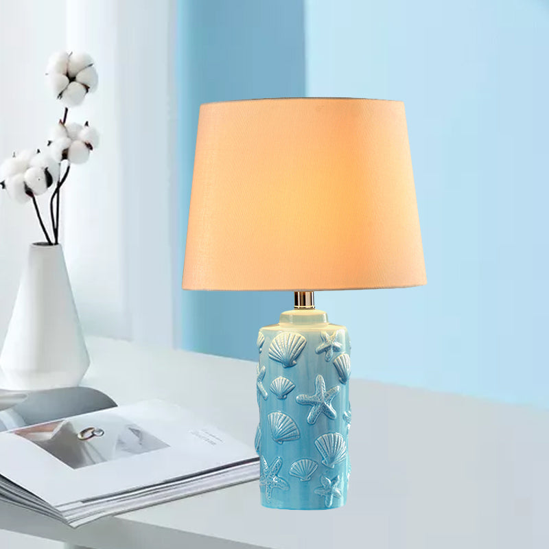 Blue 1 Head Night Lamp Rural Fabric Tapered Shade Table Stand Light with Shell and Starfish Details