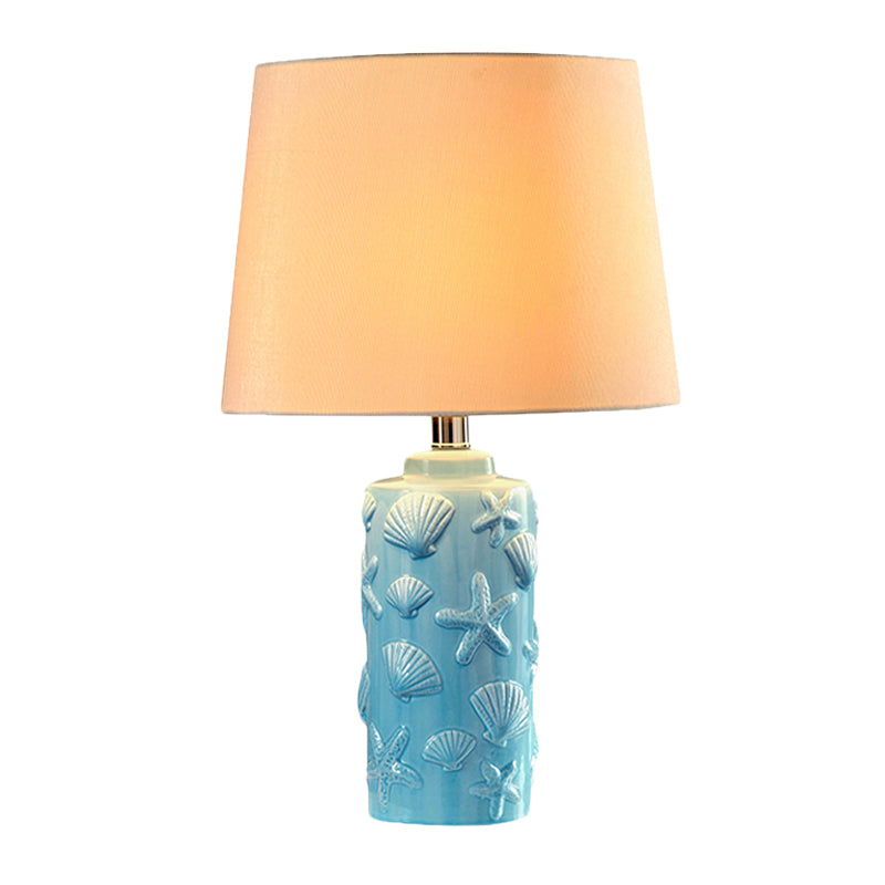 Blue 1 Head Night Lamp Rural Fabric Tapered Shade Table Stand Light with Shell and Starfish Details