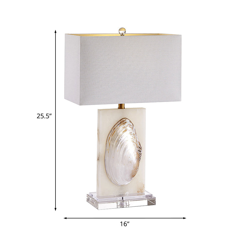 Rectangle Living Room Table Light French Country Fabric 1 Bulb White Nightstand Lamp with Shell Decoration