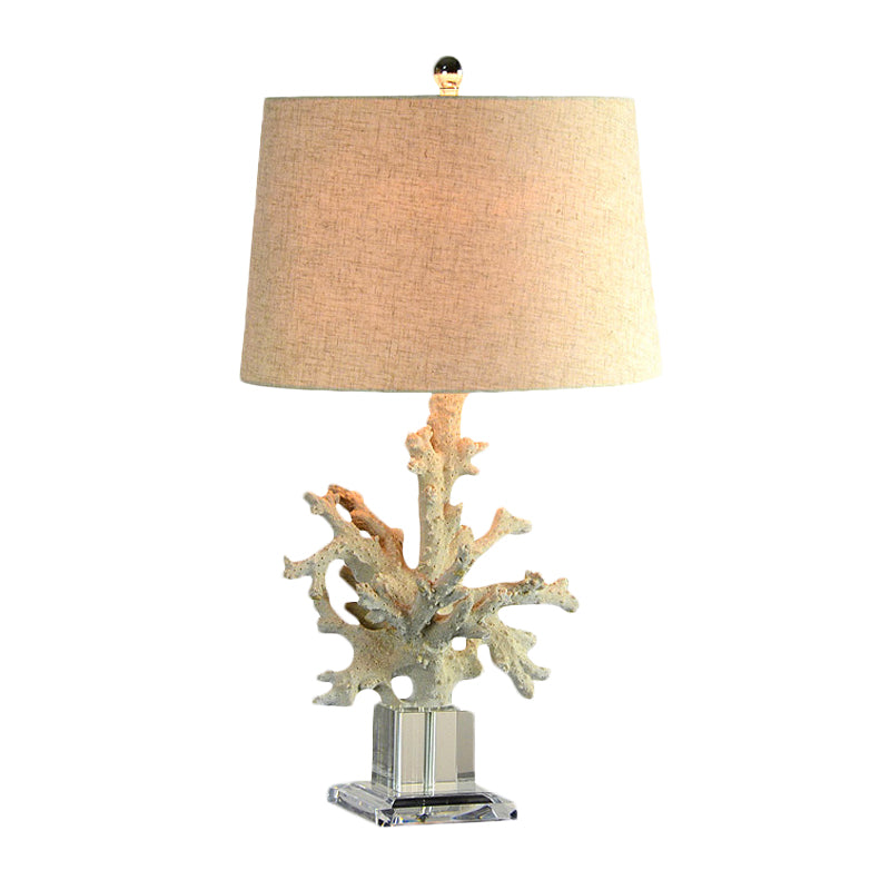 1-Head Table Lamp Country Family Room Night Light with Drum Fabric Shade and Coral Decor in Flaxen