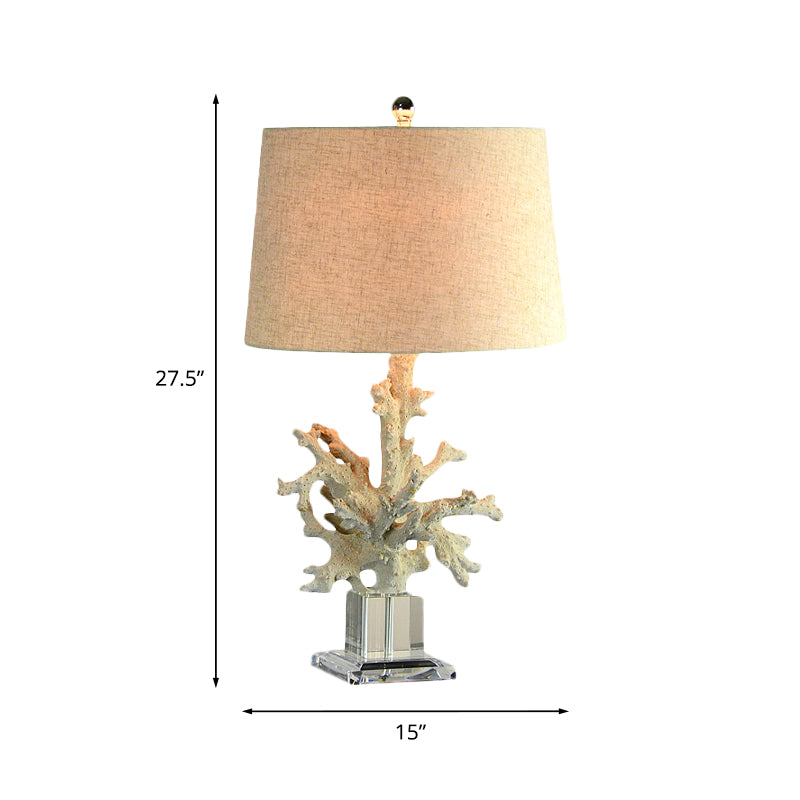 1-Head Table Lamp Country Family Room Night Light with Drum Fabric Shade and Coral Decor in Flaxen