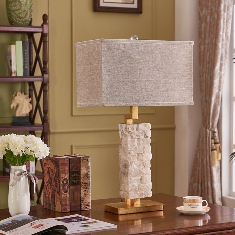 1 Head Stone Night Stand Light Traditional Flaxen Rectangular Dining Room Table Lamp with Fabric Shade