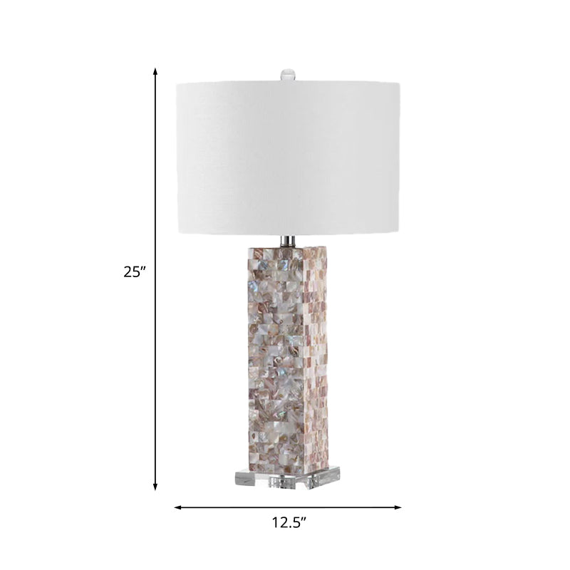 Checkered Rectangle Shell Night Lamp Country Style 1 Head Bedroom Table Light with Shade in White