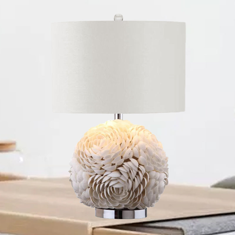 Rose Globe Kitchen Table Lighting Rural Shell 1-Light White Nightstand Lamp with Drum Shade