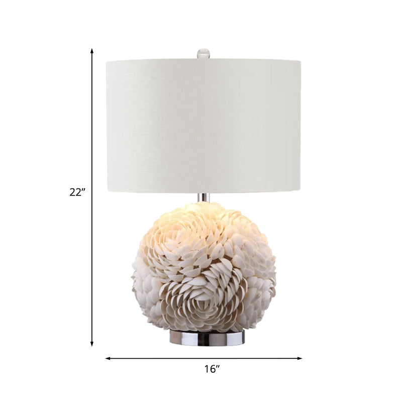 Rose Globe Kitchen Table Lighting Rural Shell 1-Light White Nightstand Lamp with Drum Shade