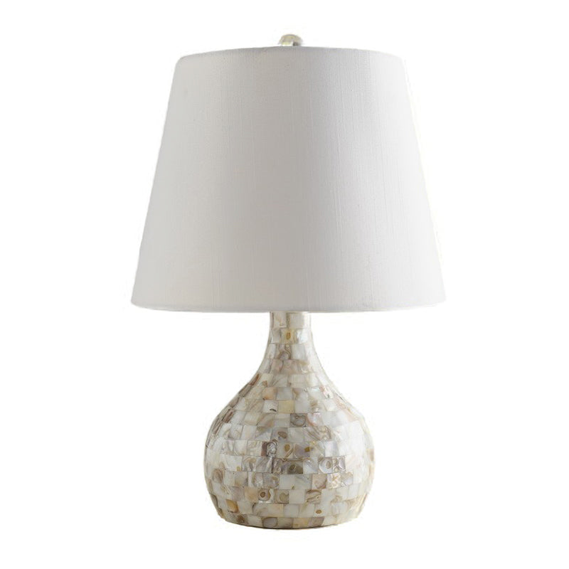 Shell Pear Shaped Night Light Countryside 1 Head Dining Room Table Lamp with Tapered Fabric Shade in White