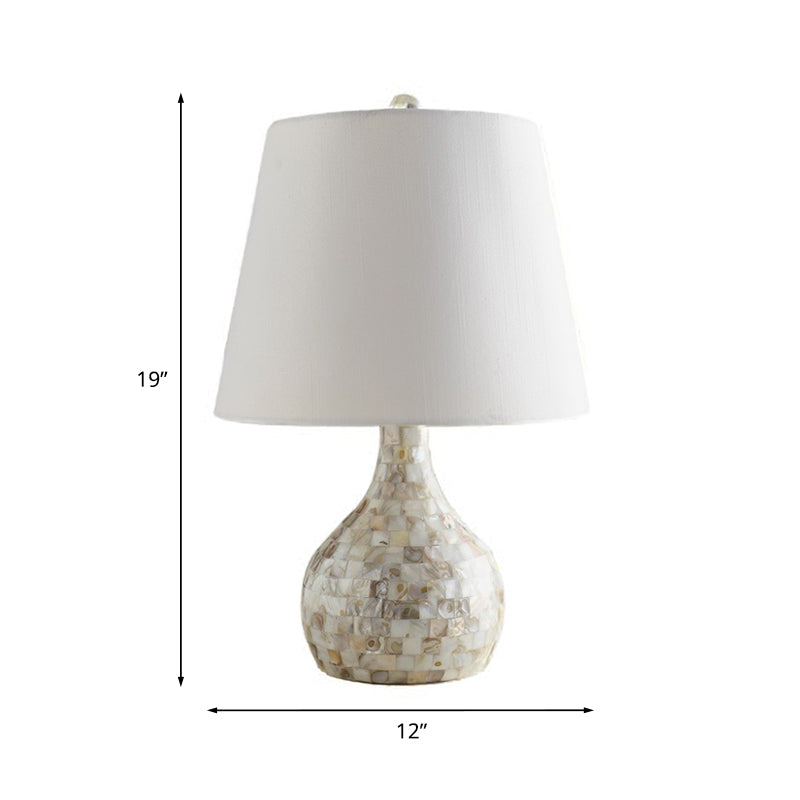 Shell Pear Shaped Night Light Countryside 1 Head Dining Room Table Lamp with Tapered Fabric Shade in White