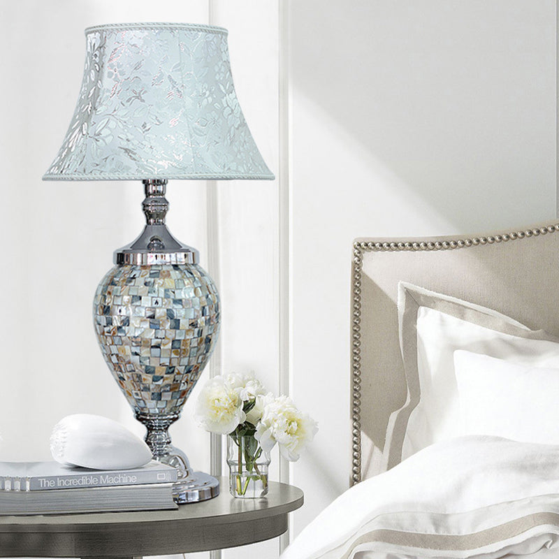 1-Light Print Fabric Table Lamp Traditional Light-Blue Flared Living Room Night Stand Light with Oval Shell Base