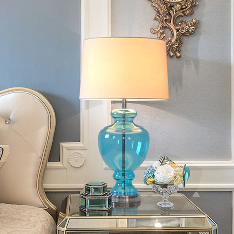 1 Head Table Lighting Retro Bedroom Nightstand Lamp with Urn Blue Glass Base and Drum Fabric Shade