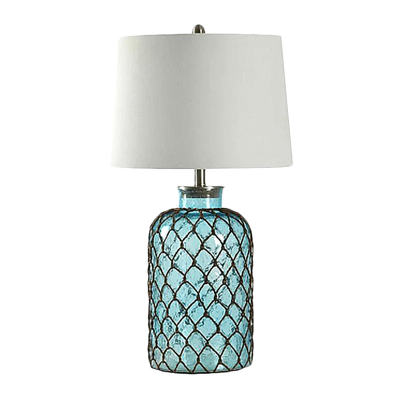 Jar Blue Glass Table Stand Lamp Vintage Single Living Room Night Light with Trellis Net and White Shade