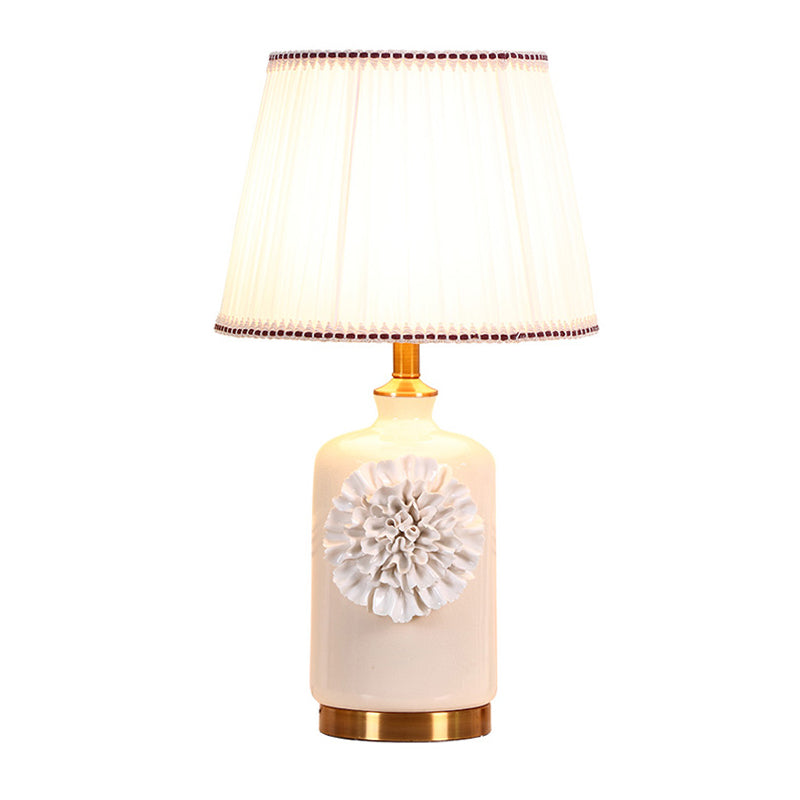 Modern Truncated Cone Shade Table Light 1 Head Pleated Fabric Nightstand Lamp with Flower Decor in White