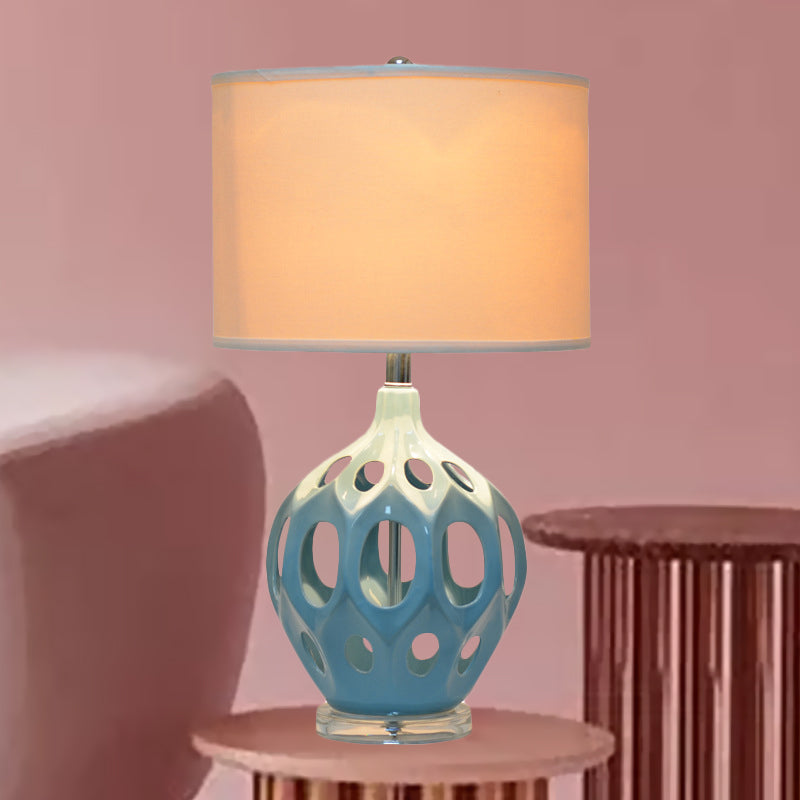 Blue Hollowed Out Night Light Traditional Ceramic Single Living Room Table Lamp with Cylindrical Fabric Shade