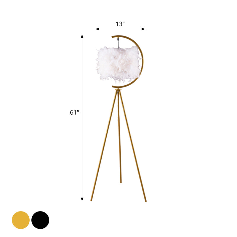 Drum Floor Standing Light with Feather Deco Contemporary Fabric Single Bedroom Tri-Leg Floor Lamp in Black/Gold