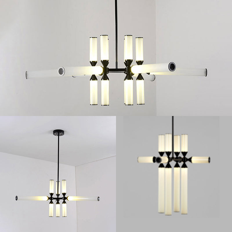 Cylinder Hanging Chandelier Contemporary Metal 9/12/18 Lights Black Pendant Lamp with White/Chrome/Amber Glass Shade