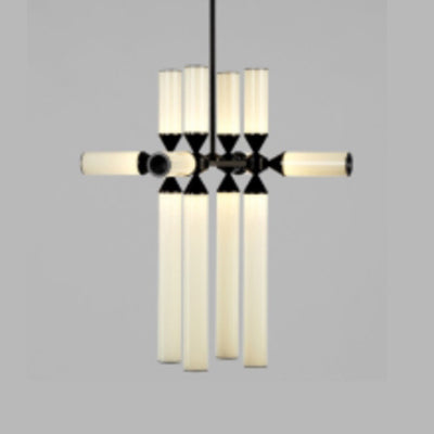 Cylinder Hanging Chandelier Contemporary Metal 9/12/18 Lights Black Pendant Lamp with White/Chrome/Amber Glass Shade