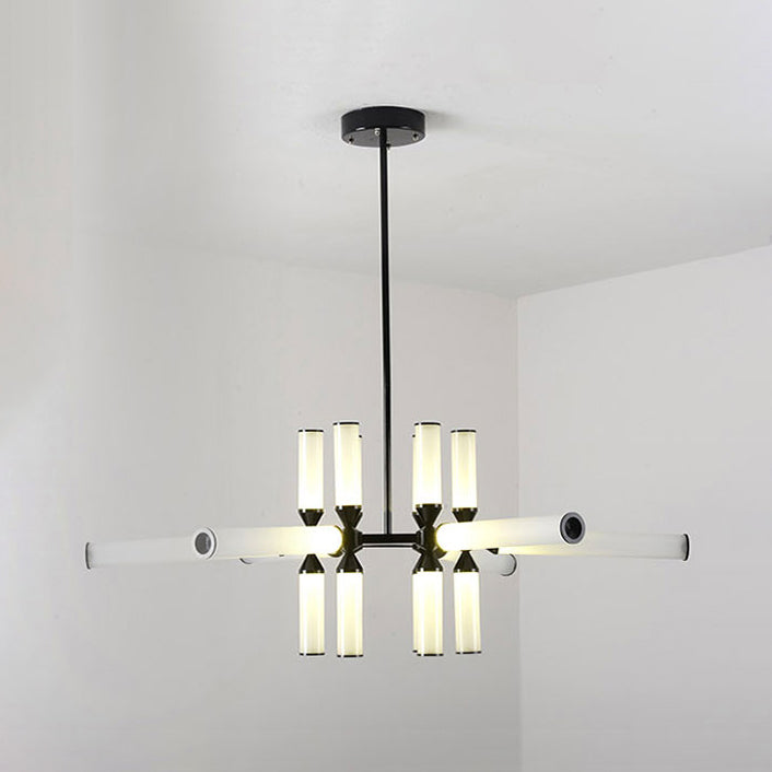 Cylinder Hanging Chandelier Contemporary Metal 9/12/18 Lights Black Pendant Lamp with White/Chrome/Amber Glass Shade