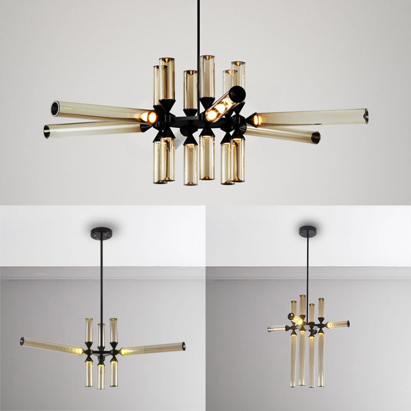 Cylinder Hanging Chandelier Contemporary Metal 9/12/18 Lights Black Pendant Lamp with White/Chrome/Amber Glass Shade