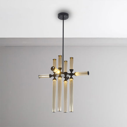 Cylinder Hanging Chandelier Contemporary Metal 9/12/18 Lights Black Pendant Lamp with White/Chrome/Amber Glass Shade