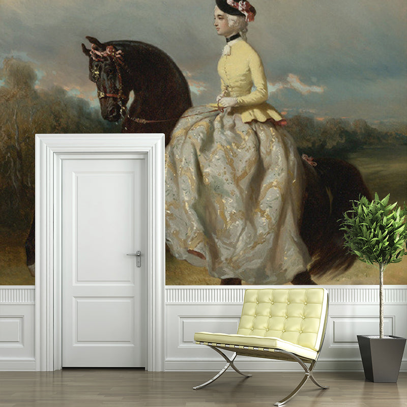 Woman on Prancing Horse Mural White and Brown Retro Style Wall Covering for Home Decor