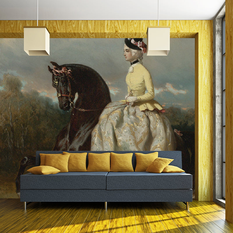 Woman on Prancing Horse Mural White and Brown Retro Style Wall Covering for Home Decor