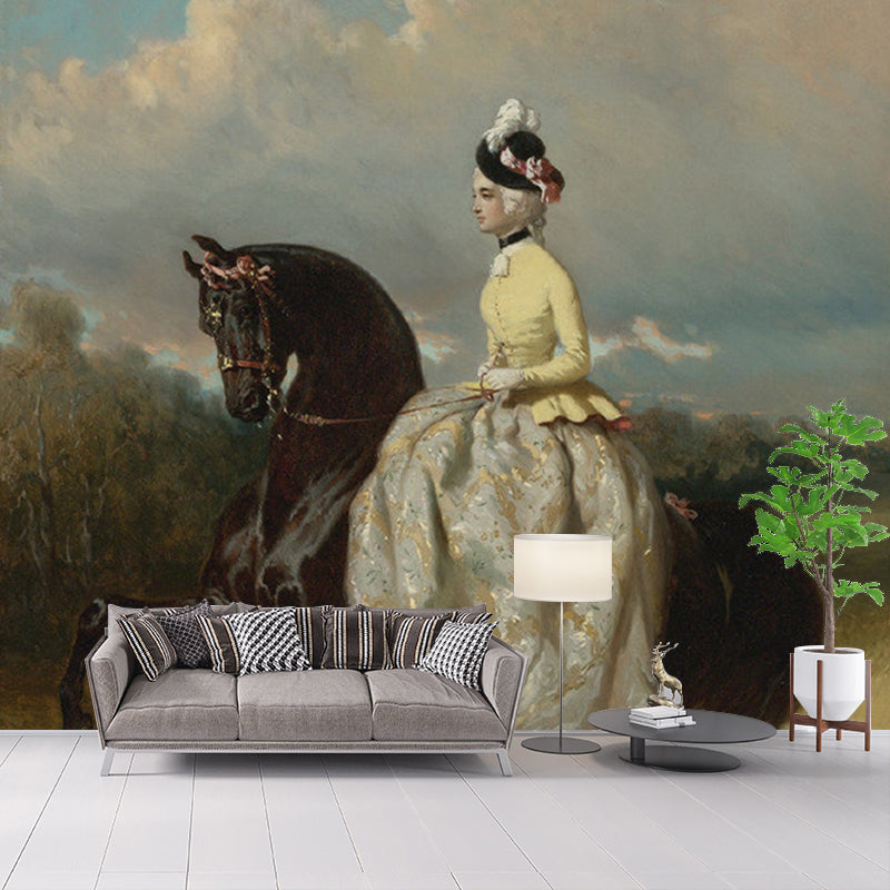 Woman on Prancing Horse Mural White and Brown Retro Style Wall Covering for Home Decor
