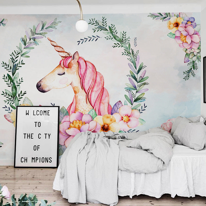 Full Size Cartoon Horse Mural Wallpaper in Pink Non-Woven Fabric Wall Decor for Girl's Bedroom, Made to Measure