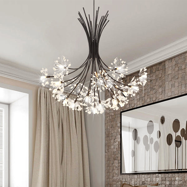 Clear Crystal Beaded Chandelier Lighting with Bouquet Design Modern 13/19 Lights Black/Chrome Hanging Lamp