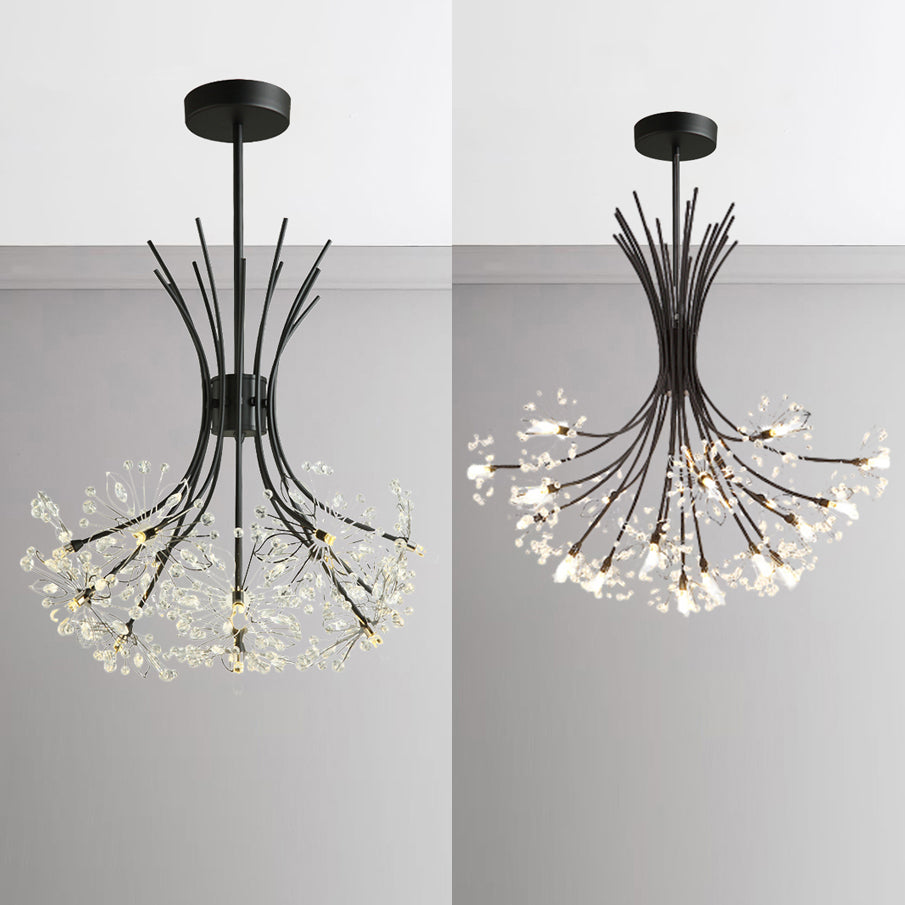 Clear Crystal Beaded Chandelier Lighting with Bouquet Design Modern 13/19 Lights Black/Chrome Hanging Lamp