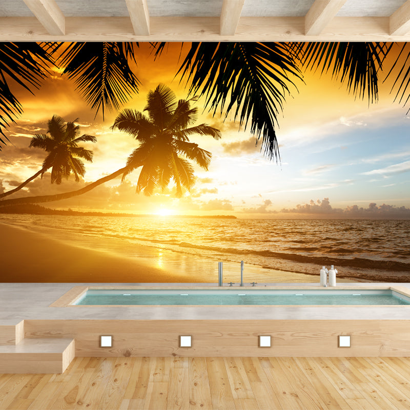 Tropical Sunset at Beach Murals Brown Stain Resistant Wall Covering for Home Decor
