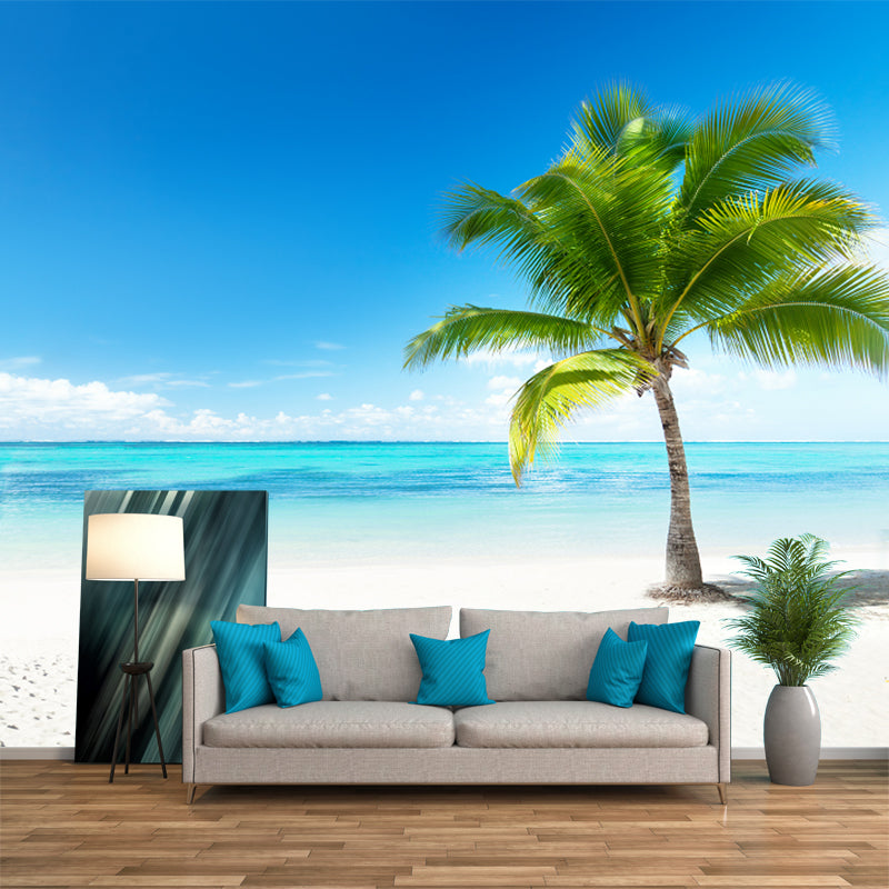 Blue-Green Tropical Wallpaper Murals Customized Coastal Palm Tree Wall Decor for Home