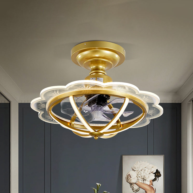 22.5 "W eetkamer LED -ventilator Lichtkit Postmodern Gold Semi Flush Mount met geschulpte metalen kooi, 6 bladen