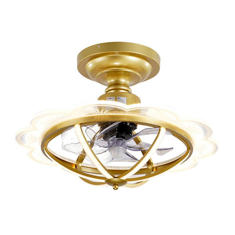 22.5 "W eetkamer LED -ventilator Lichtkit Postmodern Gold Semi Flush Mount met geschulpte metalen kooi, 6 bladen