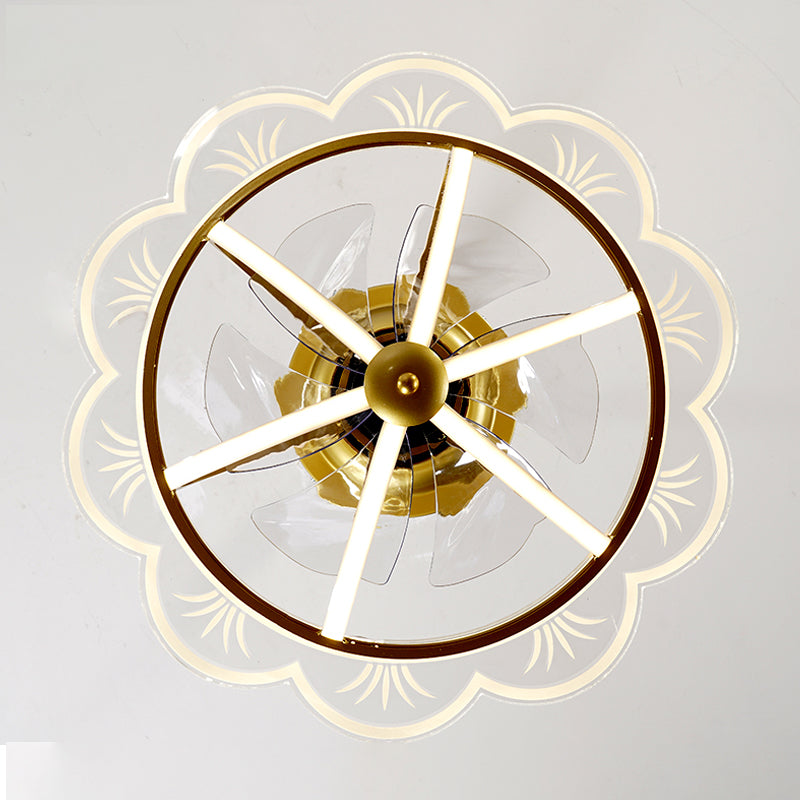 22.5 "W eetkamer LED -ventilator Lichtkit Postmodern Gold Semi Flush Mount met geschulpte metalen kooi, 6 bladen