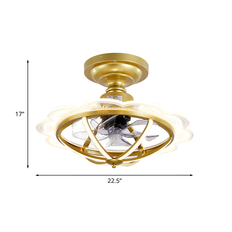 22.5 "W eetkamer LED -ventilator Lichtkit Postmodern Gold Semi Flush Mount met geschulpte metalen kooi, 6 bladen