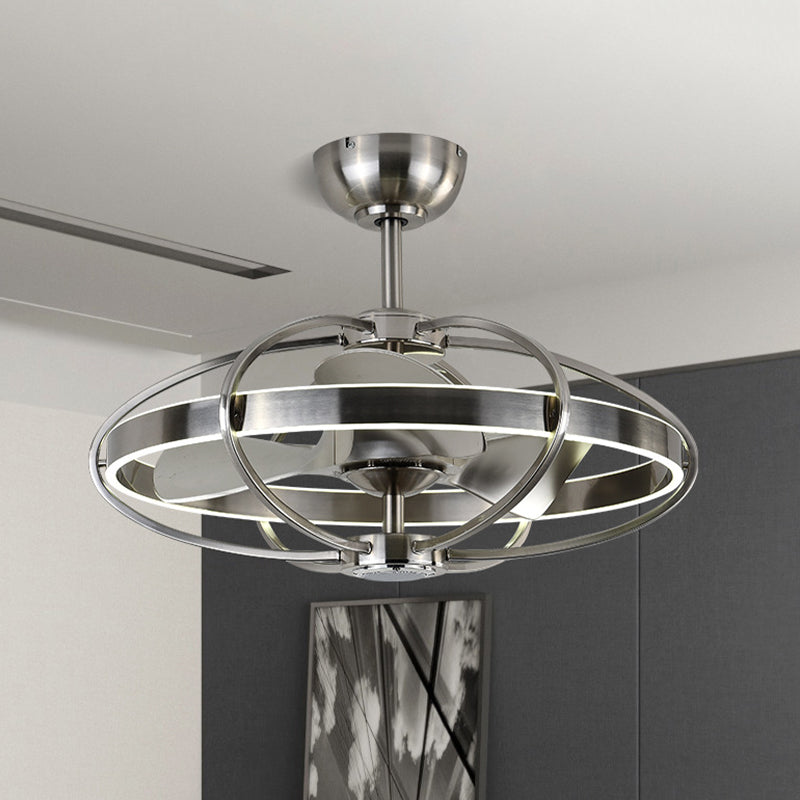 Cage Flush Mount Fan Light Modern Style Metal 3 Blades Nickel Finish LED Semi Flush Ceiling Light Fixture, 27.5" Width