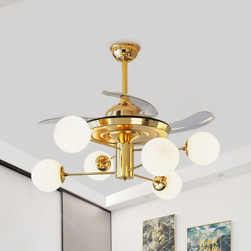 Postmodern 3 Blades Burst Arm Fan Light Milk Glass 6 Heads Living Room Semi Flush Mount Chandelier in Gold, 38" Wide