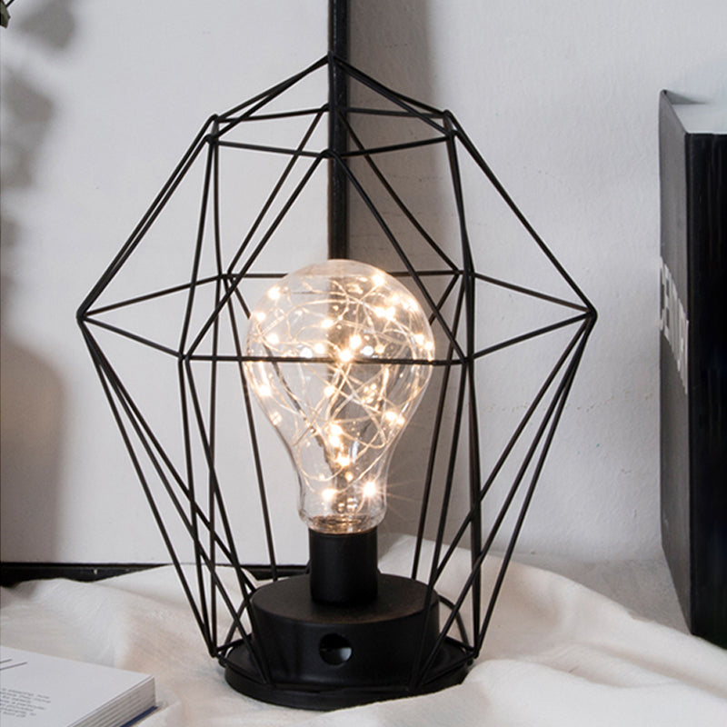 1 Head Barrel/Diamond Table Lamp with Cage Shade Loft Stylish Black Metal Small Table Lamp for Bedside