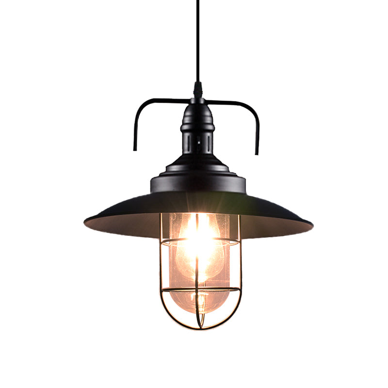 1 Head Flared and Wire Cage Pendant Light Nautical Black Finish Metal Hanging Light Fixture