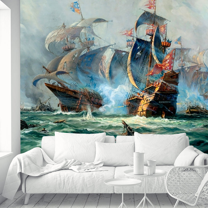 Tropix Naval Battle Painting Murals Grey and Green Sea Wall Decor for Living Room