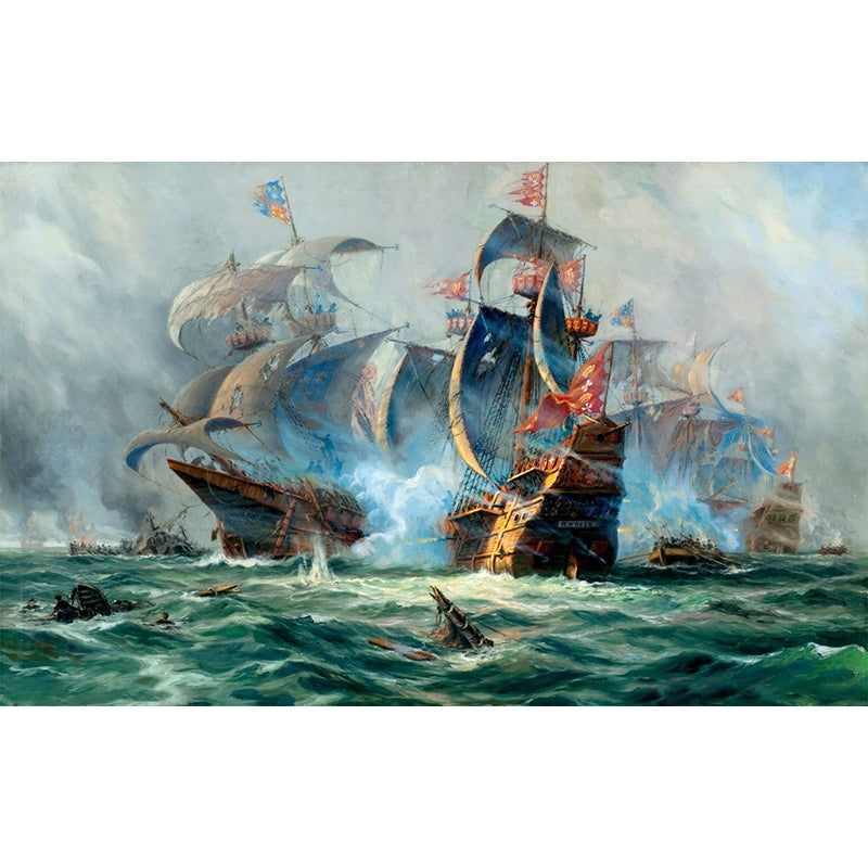 Tropix Naval Battle Painting Murals Grey and Green Sea Wall Decor for Living Room