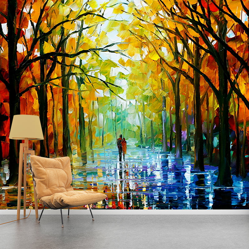 Waterproof Wallpaper Mural Classic Non-Woven Wall Decor with Leonid Afremov Walk in Fall Forest Pattern