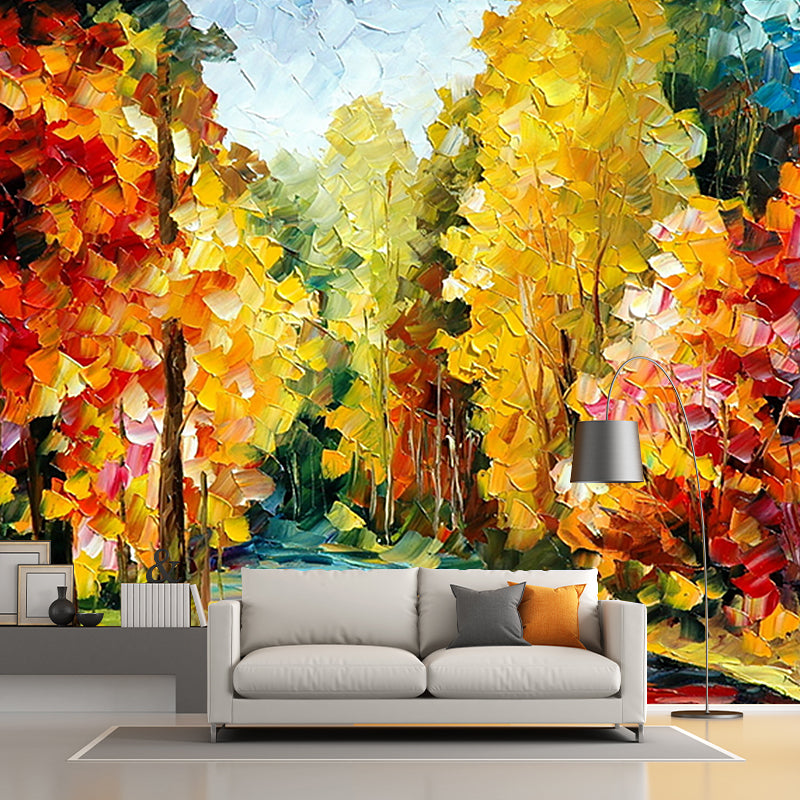 Autumn Forest Path Scenery Murals Countryside Smooth Wall Covering in Orange-Yellow