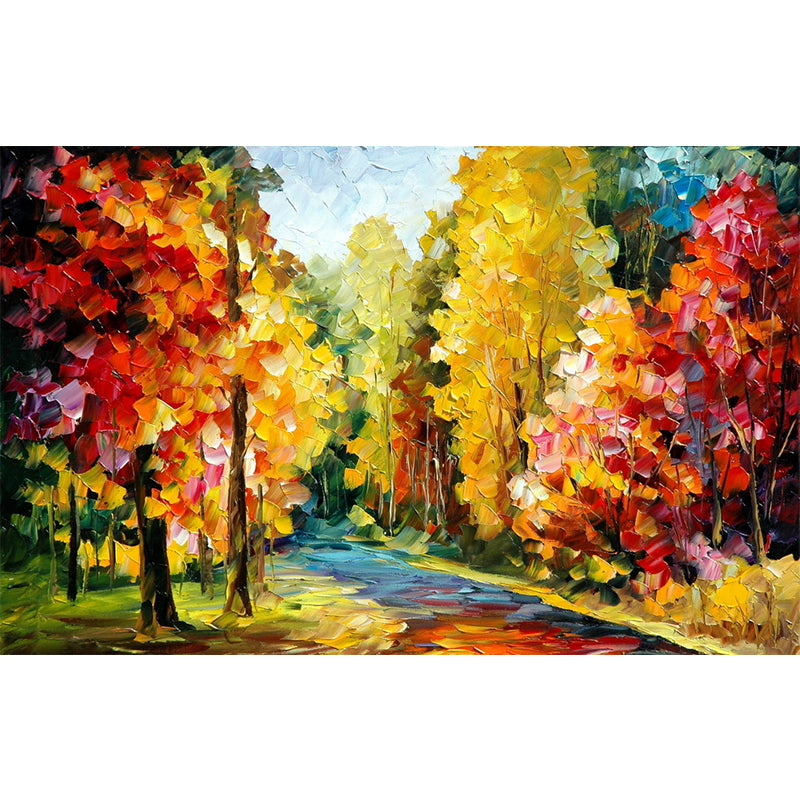 Autumn Forest Path Scenery Murals Countryside Smooth Wall Covering in Orange-Yellow