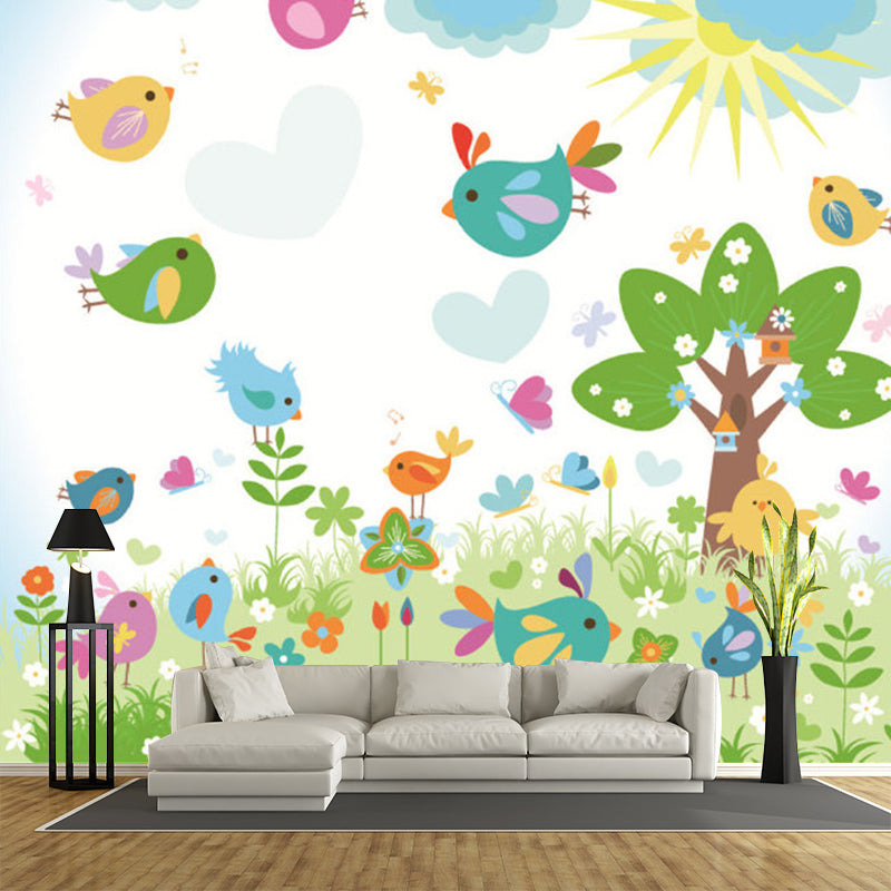 Cartoon Spring Scene Wall Murals Colorful Stain Resistant Wall Covering for Kids Room
