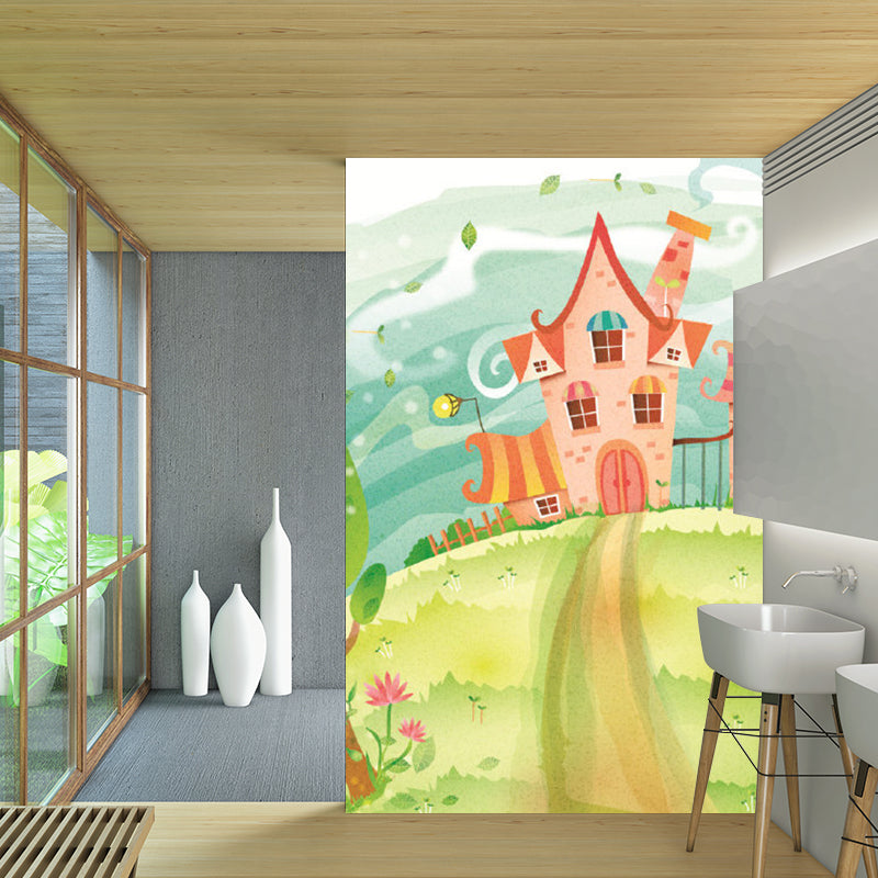 A Path to Castle Murals Pink-Blue-Green Cartoon Style Wall Art for Childrens Bedroom